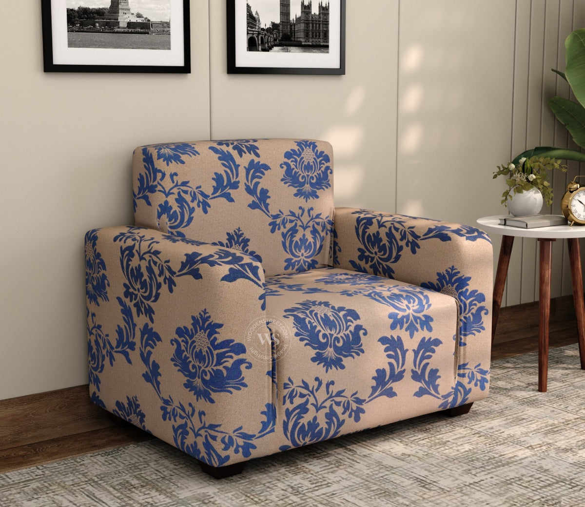 Grace Floral Printed Polyester Spandex 1 Seater Sofa Cover (Blue)