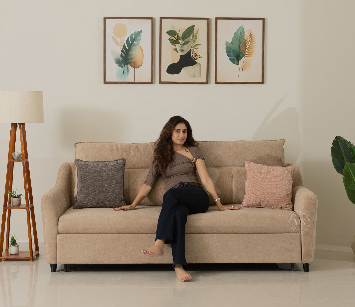 Tevo 3-Seater Sofa Cum Bed | Pull-Out Bed Mechanism | Fabric Upholstery (Beige)