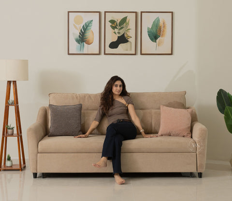 Tevo 3-Seater Sofa Cum Bed | Pull-Out Bed Mechanism | Fabric Upholstery (Beige)