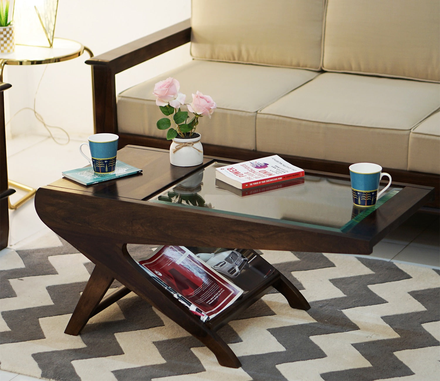 Elena Glass Top Coffee Table (Walnut Finish)