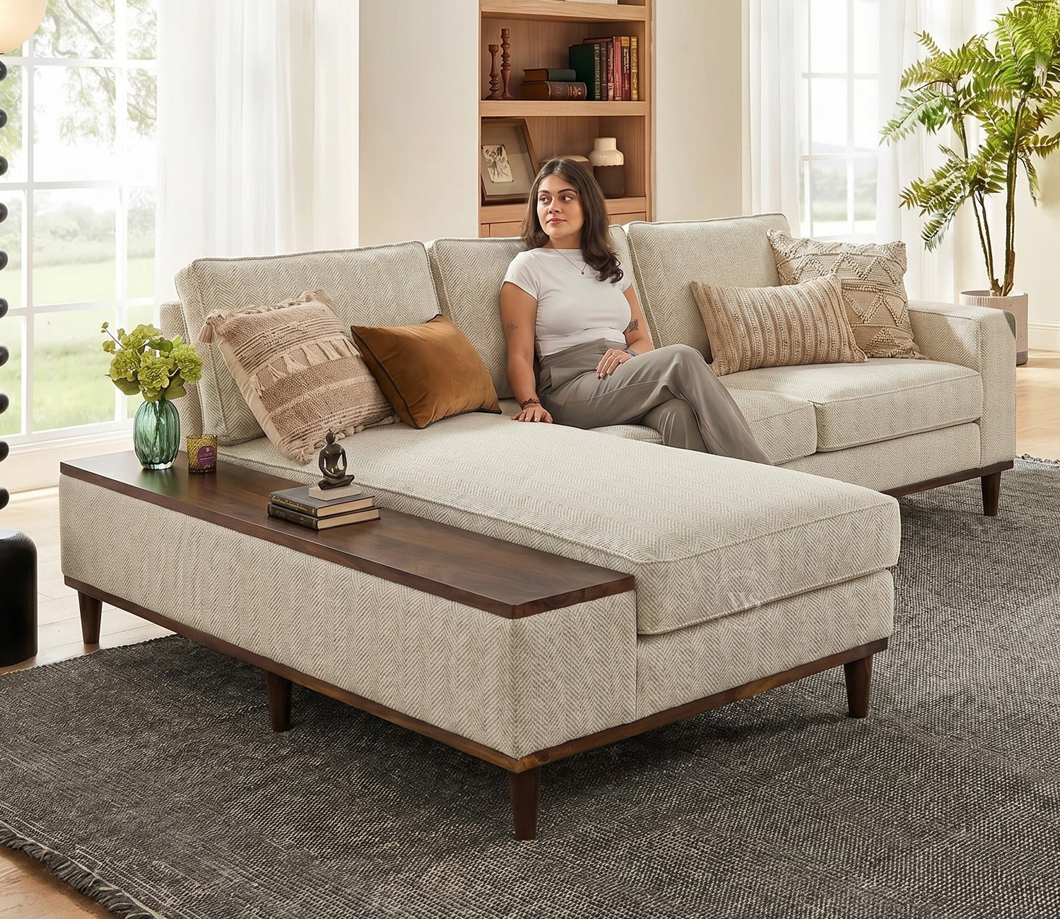 Ashion Premium Left Aligned L Shape Sofa with Built-in Side Wooden Deck (Cottage Ivory)