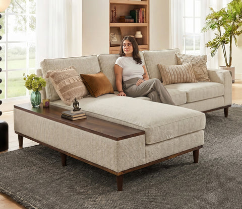 Ashion Premium Left Aligned L Shape Sofa with Built-in Side Wooden Deck (Cottage Ivory)