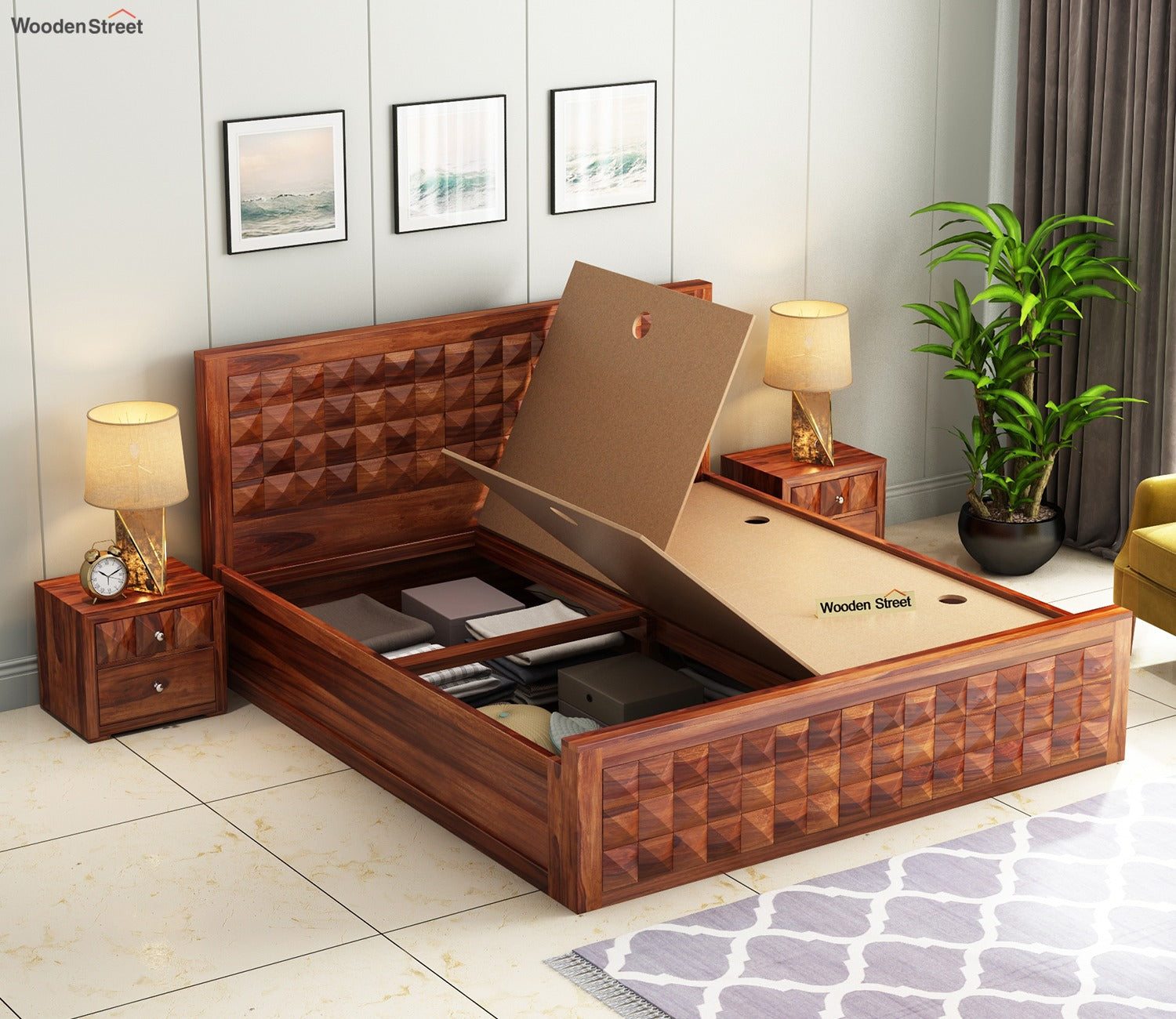 Morse Sheesham Wood Bed With Box Storage (Queen Size, Honey Finish)