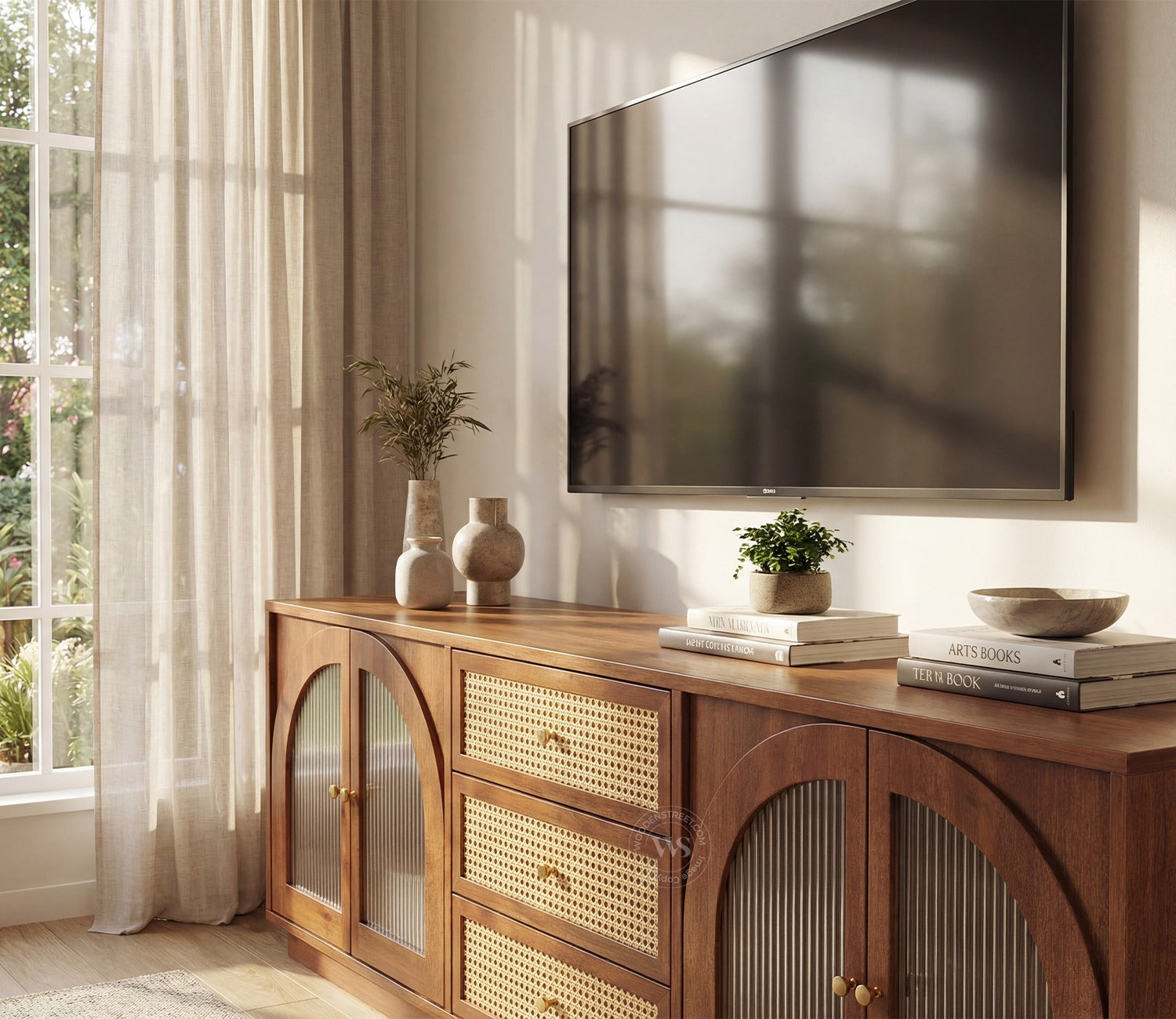 Windsor Premium Mango Wood TV Unit with Fluted Glass Panel Door Cabinets, Cane Detailing (Teak Finish)