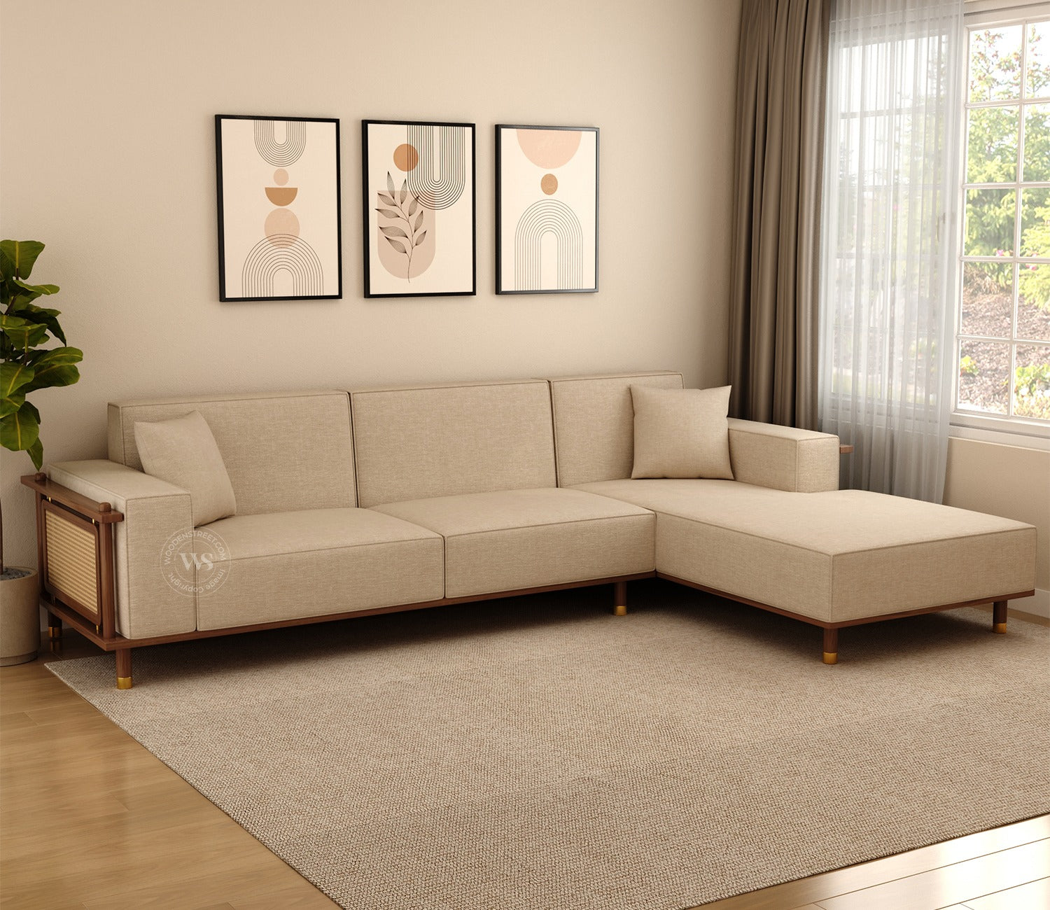 Saket Ash Wood L Shape Right Align Sofa with Cane And Brass Accents (Sand Beige)