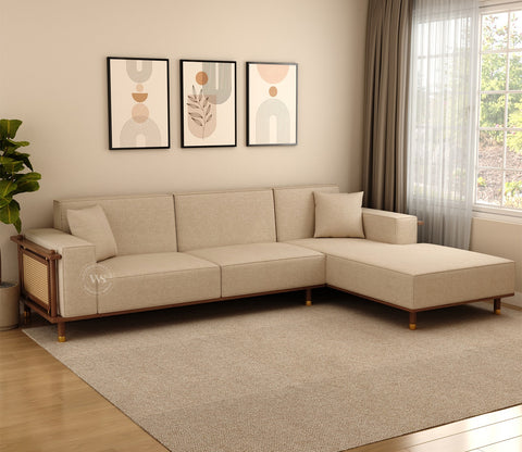 Saket Ash Wood L Shape Right Align Sofa with Cane And Brass Accents (Sand Beige)