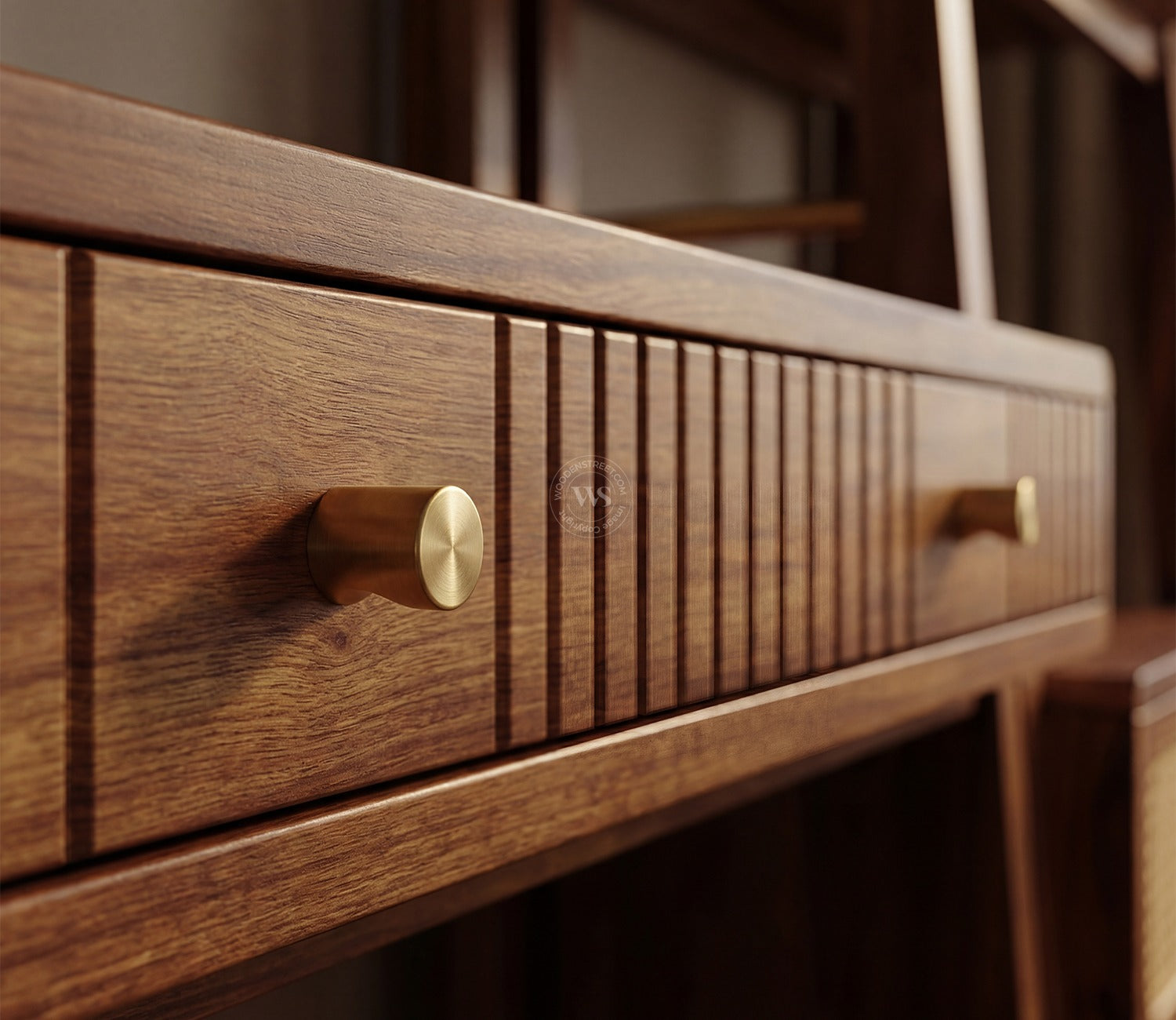 Vyas Sheesham Wood Study Table with Cane Accent, Drawers, Closed and Open Shelves (Teak Finish)
