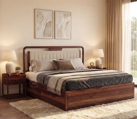 Anvay Sheesham Wood Bed with Upholstered Headboard & Drawer Storage (Queen Size, Jade Ivory, Teak Finish)