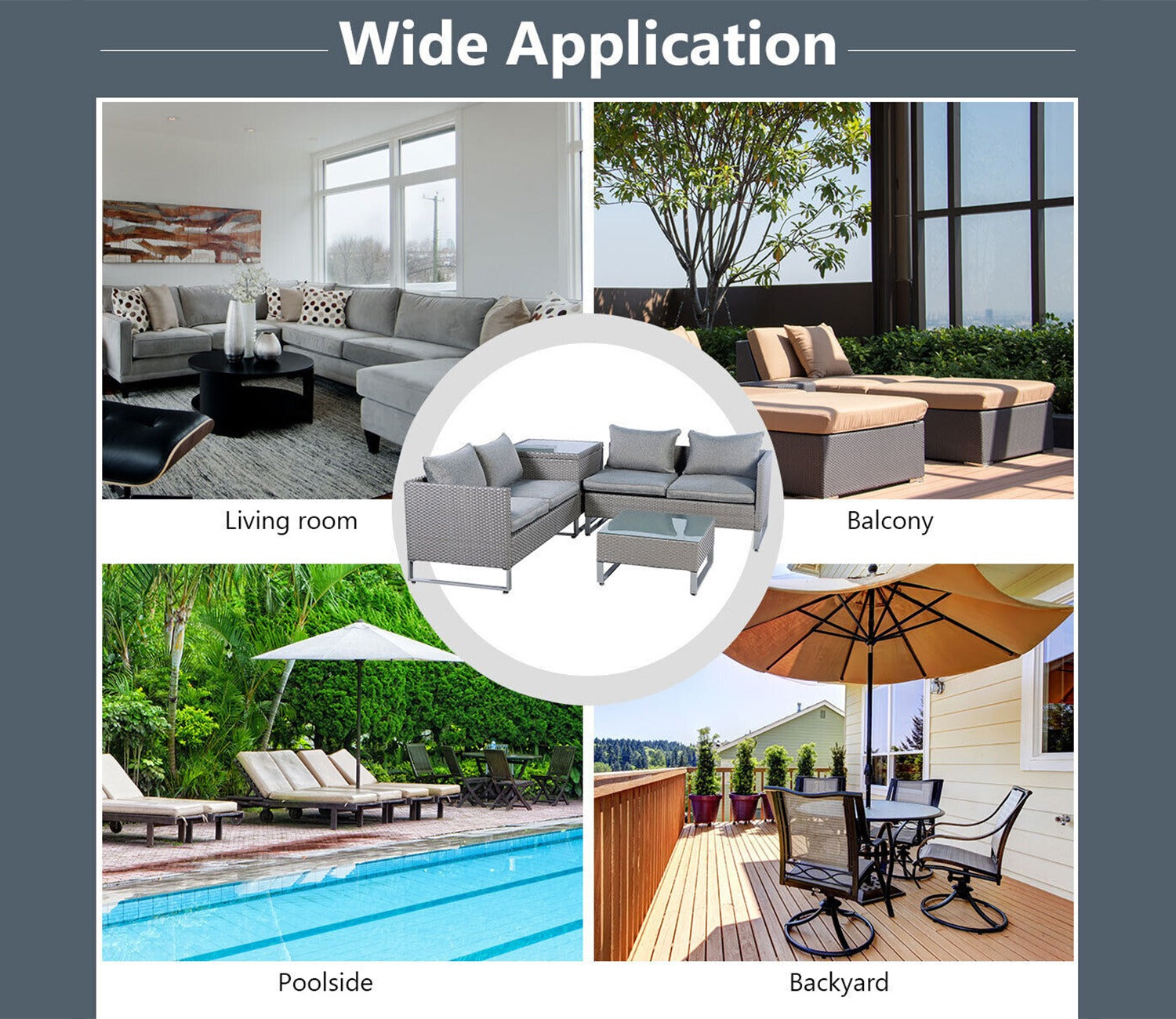 Grey Color Rattan And Wicker 4 Seater Patio Set With table And Grey Cushions