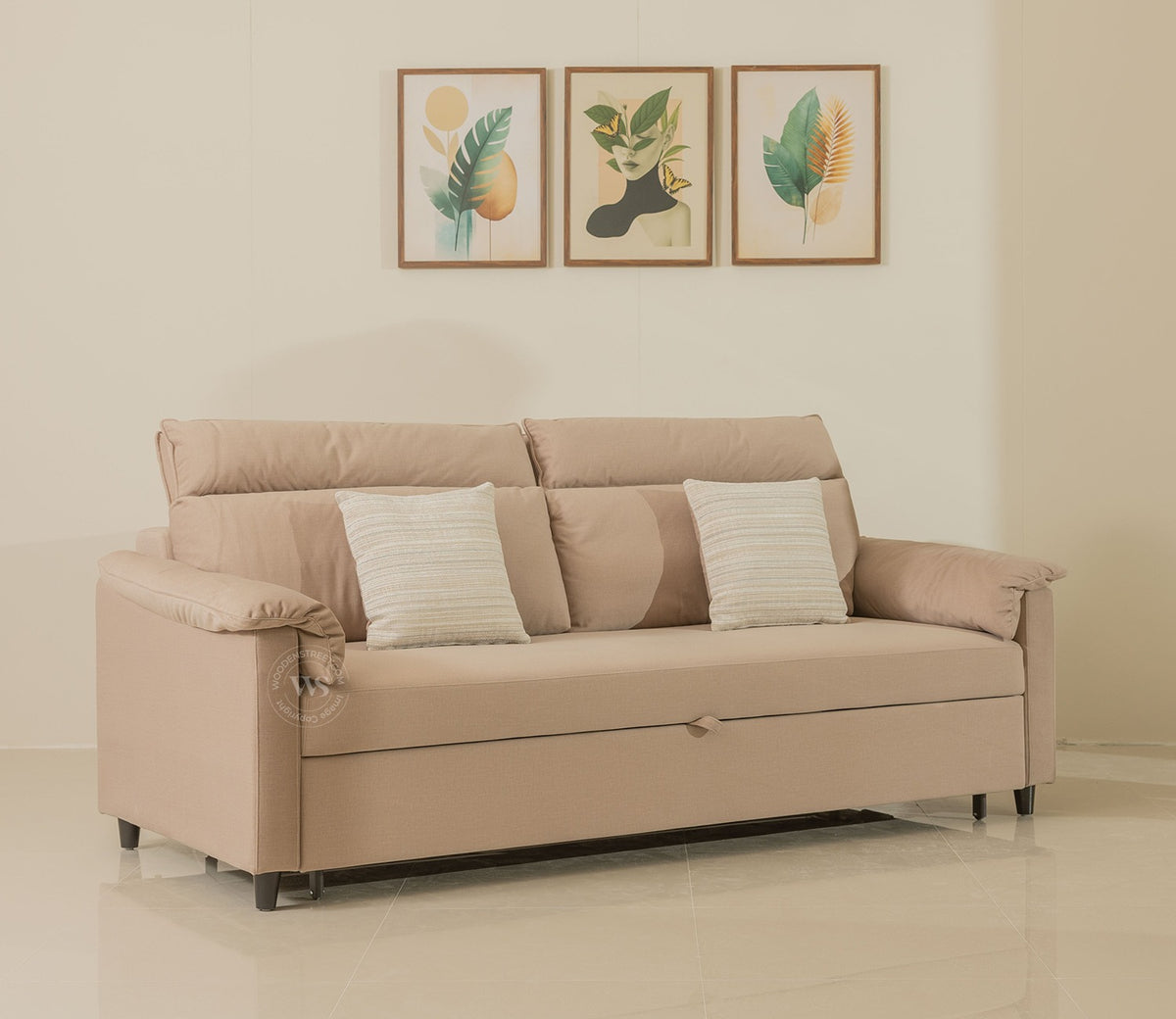 Bruna 3-Seater Convertible Sofa Cum Bed | Pull-Out Mechanism | Adjustable Backrest | Premium Fabric Upholstery | Space-Saving Design (Beige)