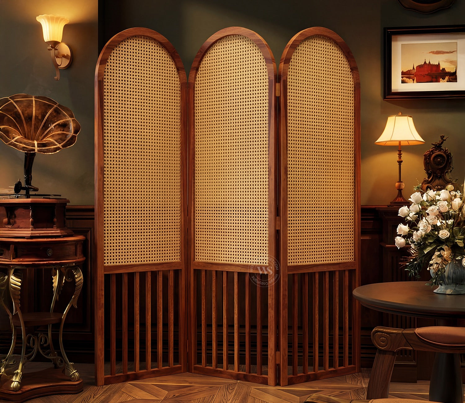 Aavriti Arched Sheesham Wood Room Divider with Natural Cane Weave - Foldable 3 Panel Screen