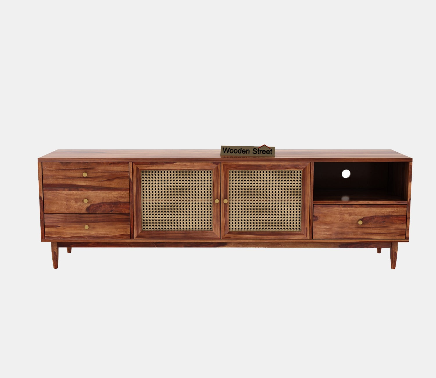 Eka Sheesham Wood and Cane TV Unit (Honey Finish)