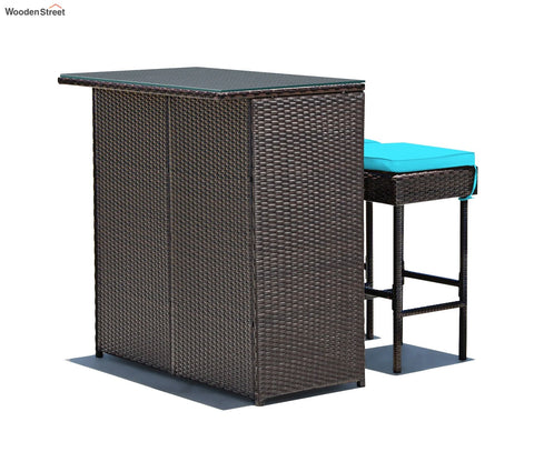 Dark Brown Rattan And Wicker 2 Seater Outdoor Bar Set With Sky Blue Cushions