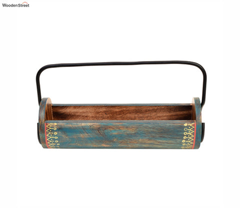 Blue Colour Wooden Snack Server In Exotic Shape With Stylish Metal Handle