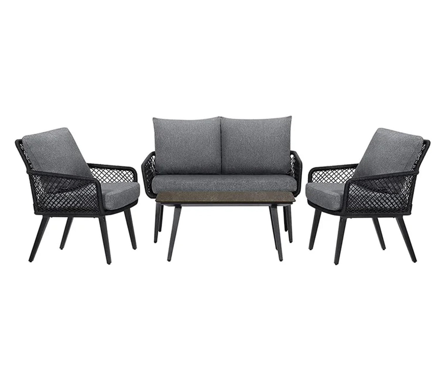 Black Rope 4 Seater With Table And Grey Cushions