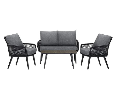 Black Rope 4 Seater With Table And Grey Cushions