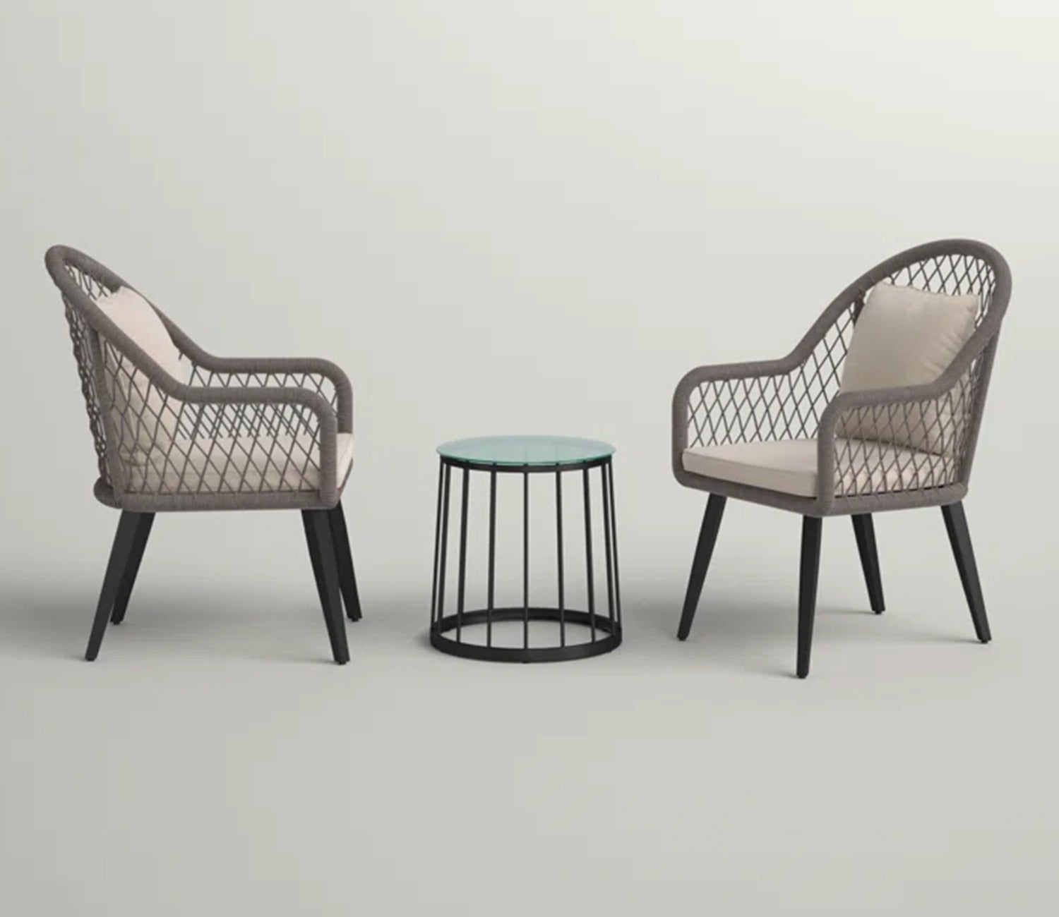 Grey Rope 2 Seater Chair With Table And Cream Cushions Balcony Set