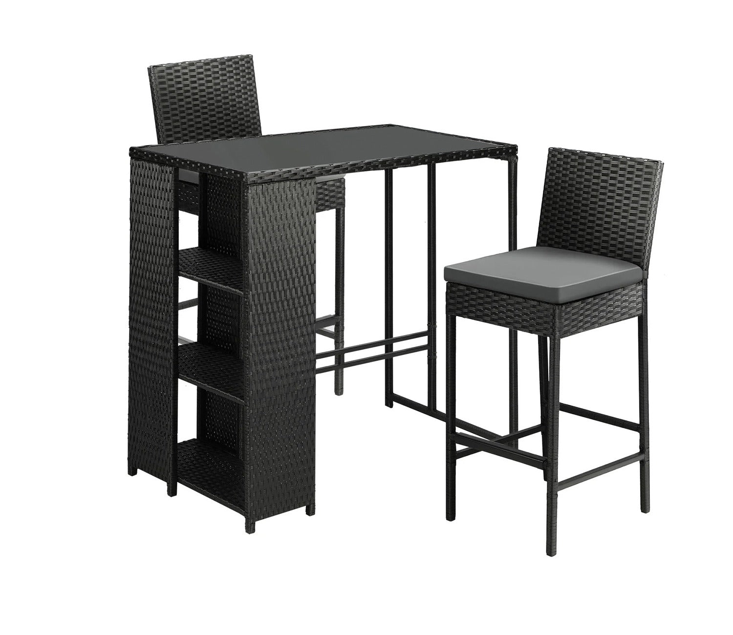 Black Rattan And Wicker 2 Seater Bar Set With Table And Grey Cushions