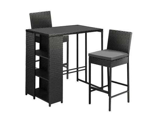 Black Rattan And Wicker 2 Seater Bar Set With Table And Grey Cushions