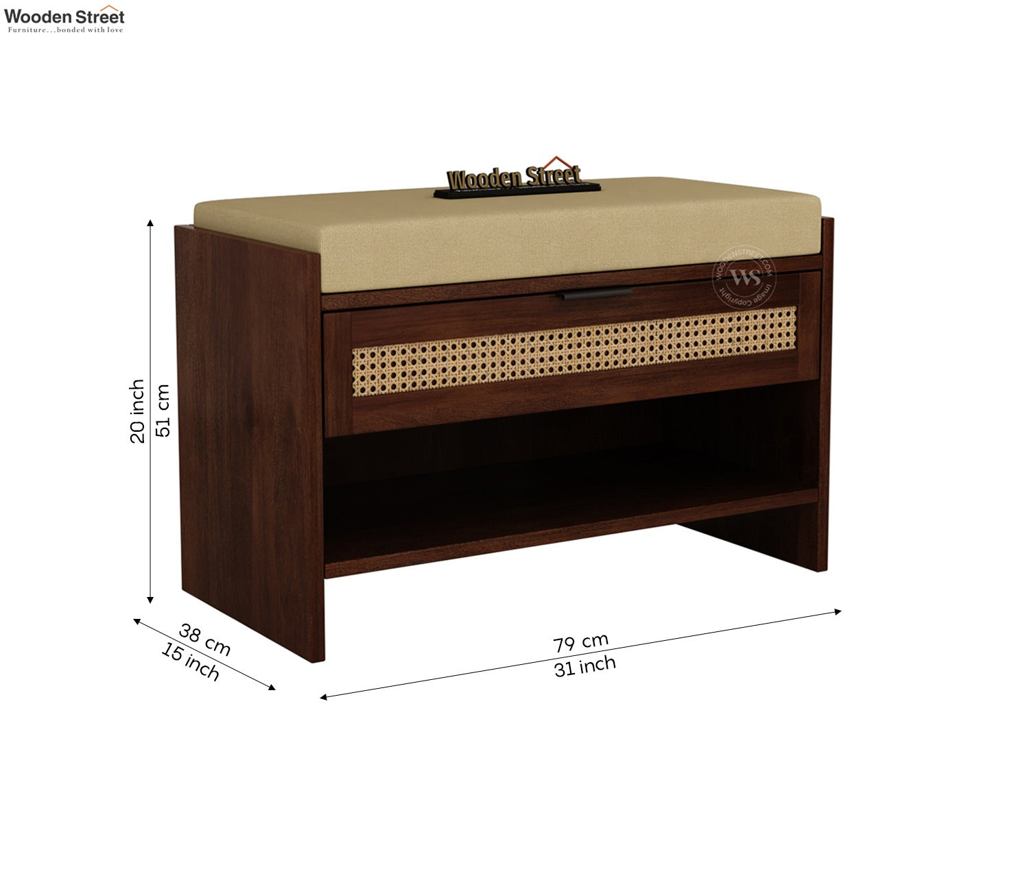 Russet Premium Solid Wood Shoe Rack With Removable Cushioned Seat, Drawer Storage & Cane Detailing (Mango Wood, Teak Finish)