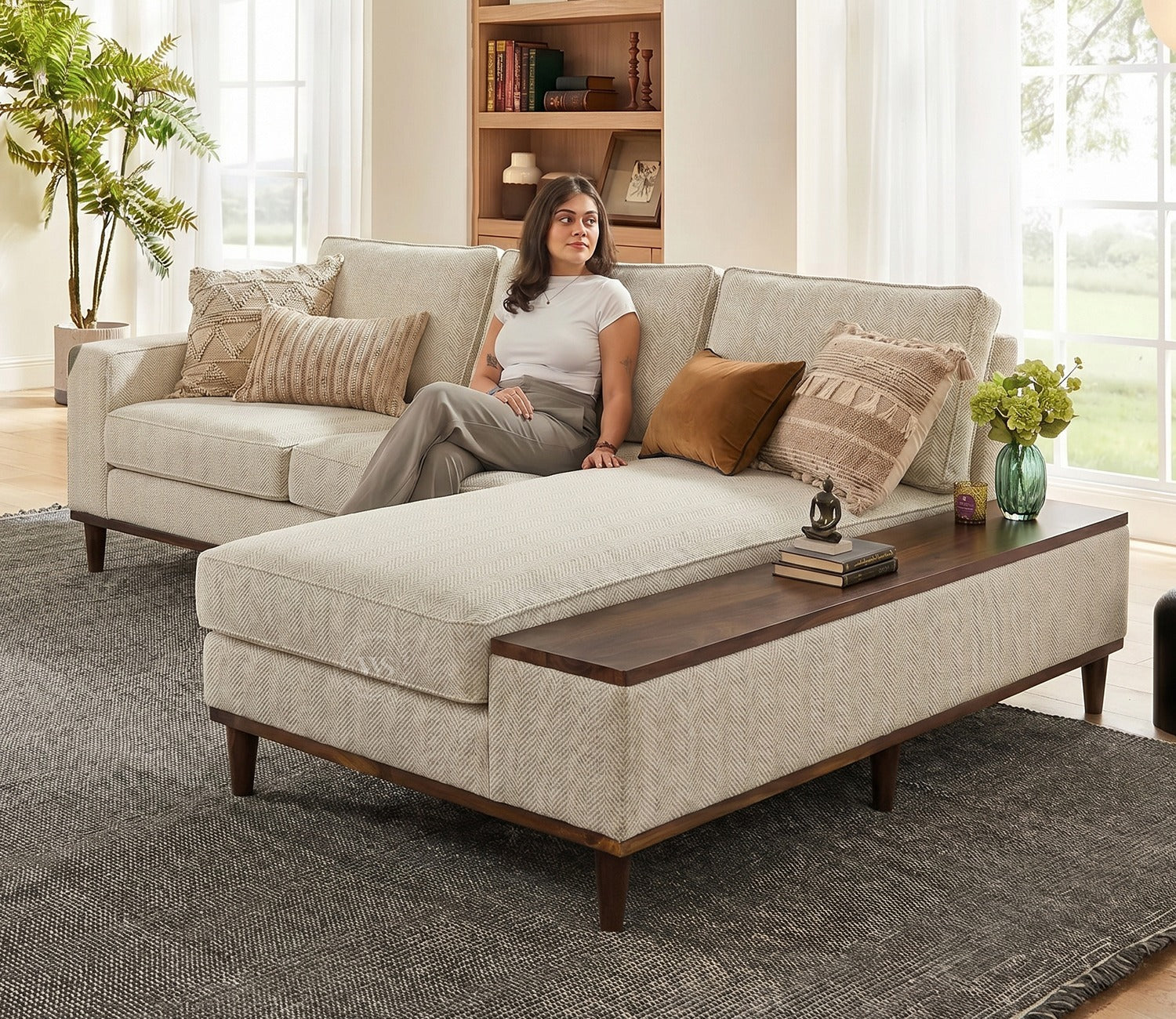 Ashion Premium Right Aligned L Shape Sofa with Built-in Side Wooden Deck (Cottage Ivory)