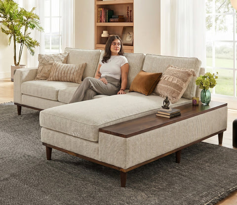 Ashion Premium Right Aligned L Shape Sofa with Built-in Side Wooden Deck (Cottage Ivory)