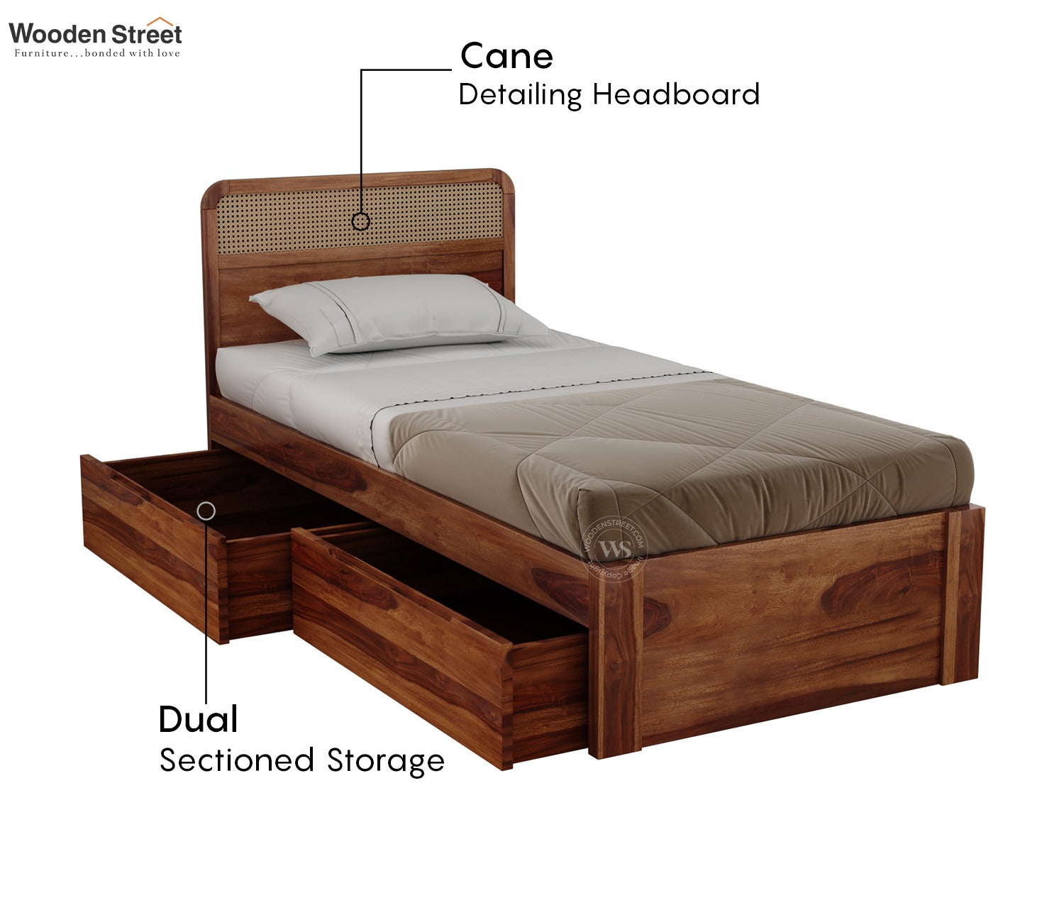Balikos Sheesham Wood Bed with Drawer Storage and Cane Detailing (Single Size, Teak Finish)