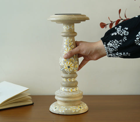 Adiva Floral Hand Painted Wooden Small Pillar Candle Stand