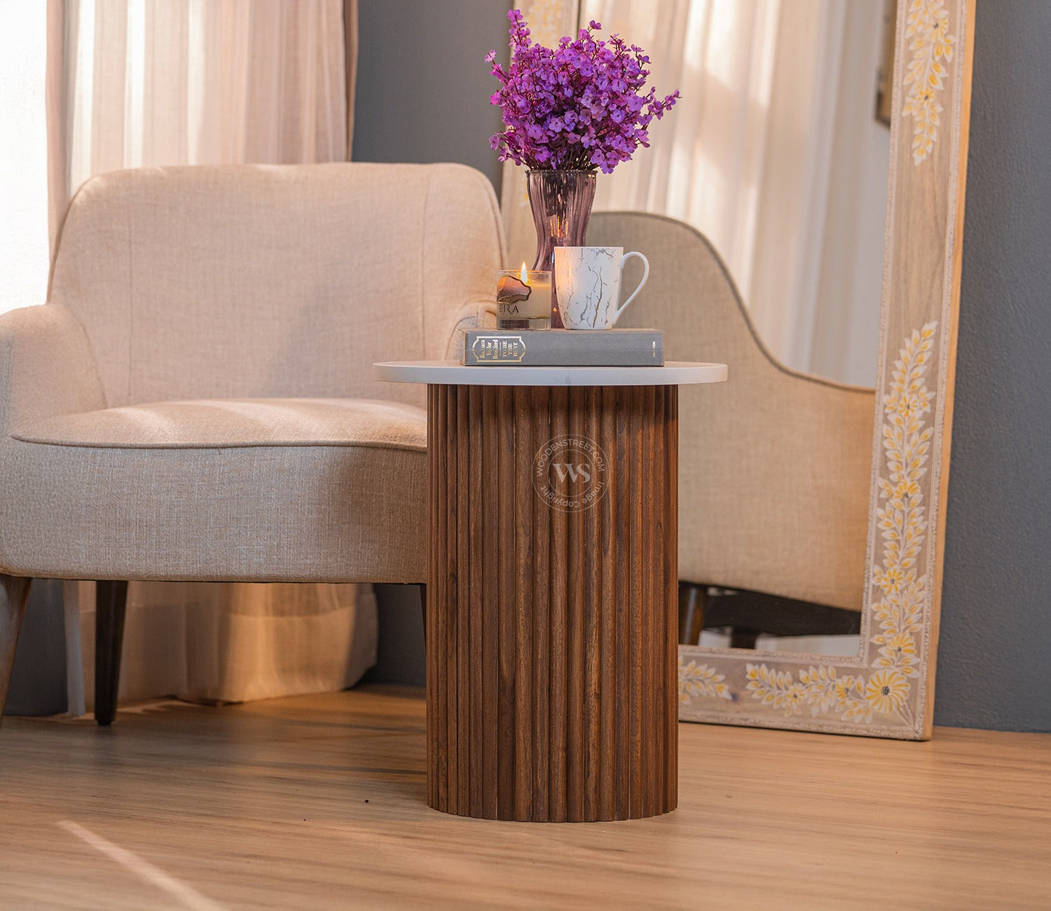 Shanay Sheesham Wood Quatrz Top Side and End Table (Teak Finish)
