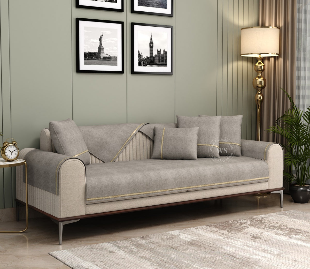 Princeton 3 Seater Premium Sofa Cover with Shimmer Lace - Set of 9 (Latte Beige)