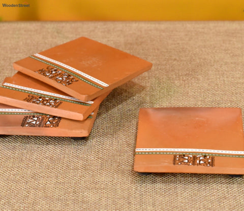 Brown Handcrafted Warli Art Earthen Coasters - Set of 4