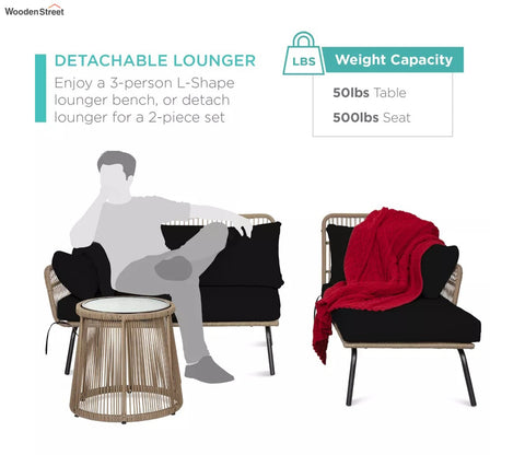 Beige Detachable L Shaped Rope Outdoor Sofa with One Table and Black Cushion Set