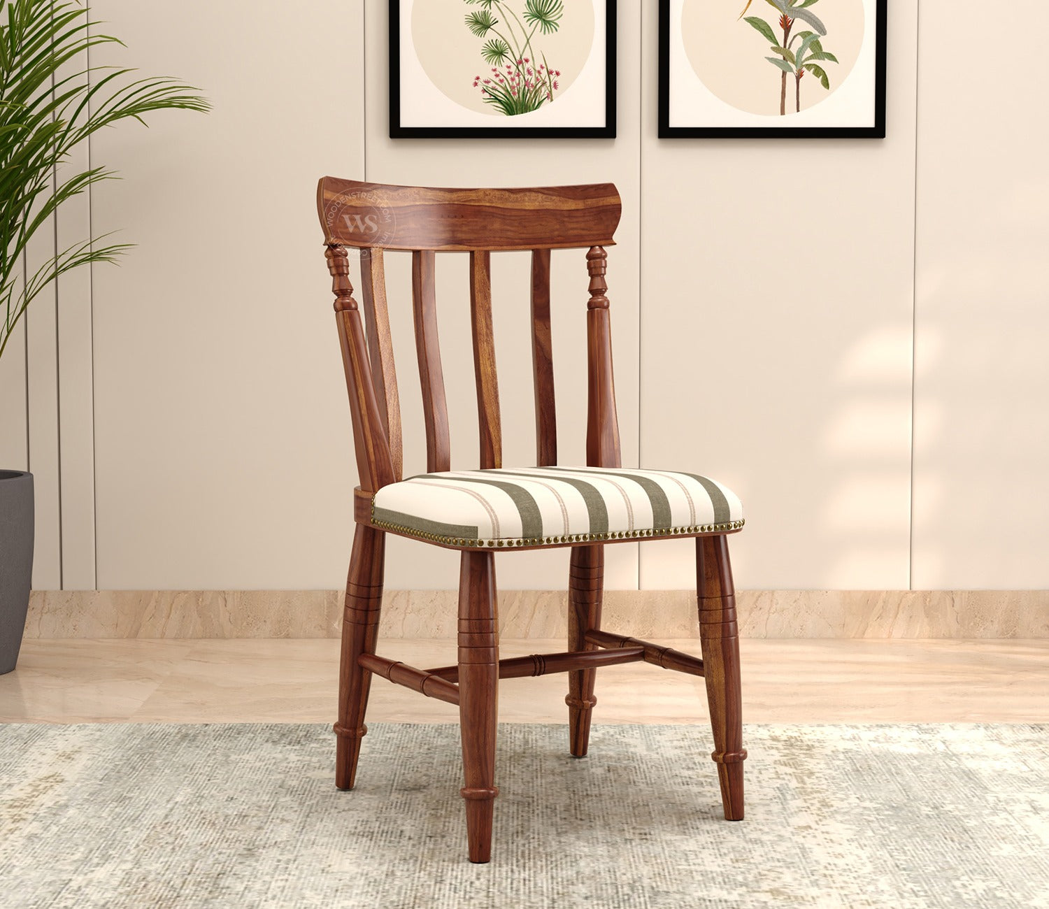 Misha Sheesham Wood Dining Chair- Set of 2 (Teak Finish, Green Stripes)