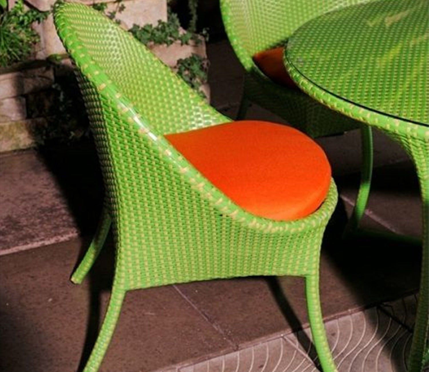 Green And Beige Wicker And Rattan 4 Seater Dining Set With Orange Cushions