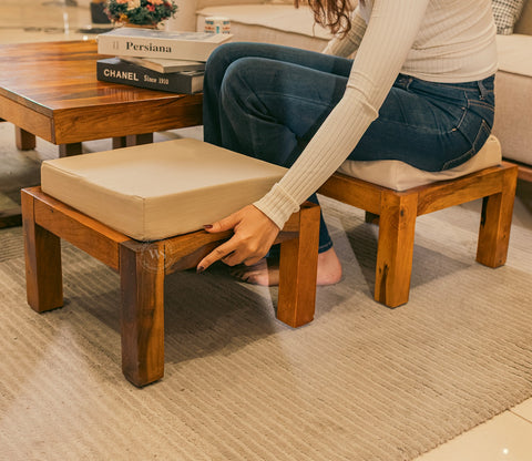 Reid Sheesham Wood Coffee Table with Four Cushioned Stools (Honey Finish)