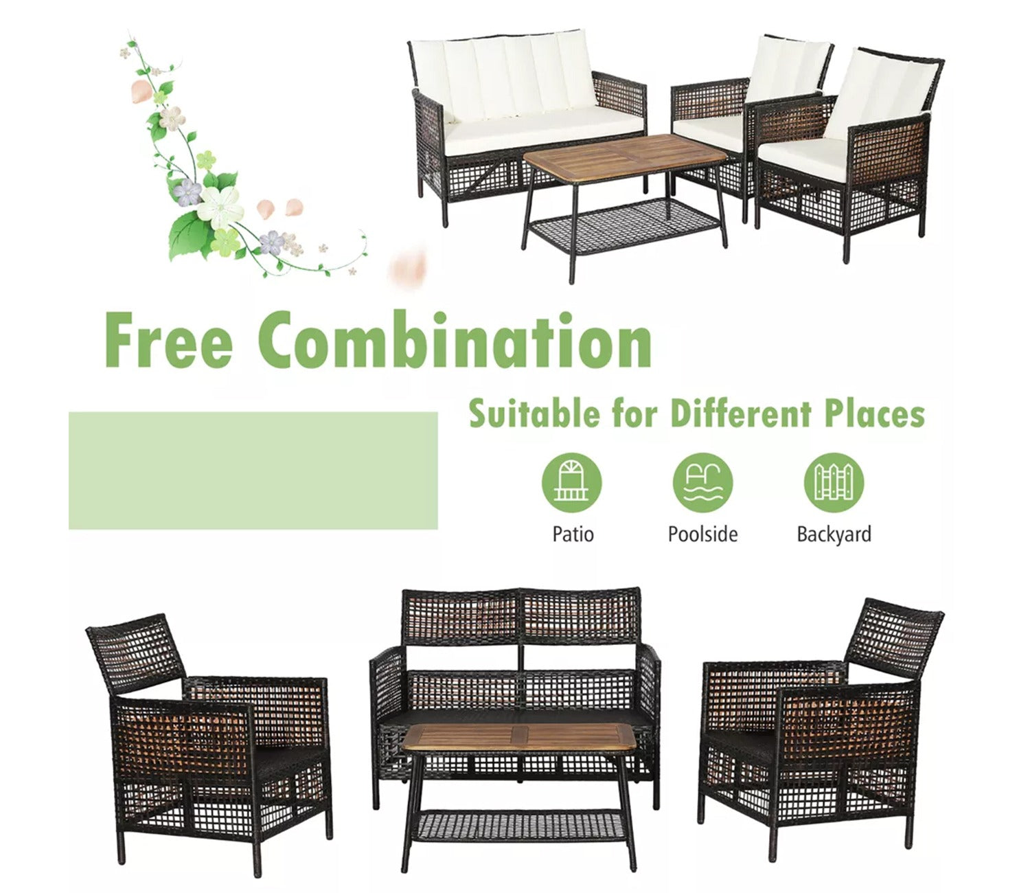 Dark Brown Rattan And Wicker 4 Seater Sofa Set With Rectangle Table And Off White Cushions