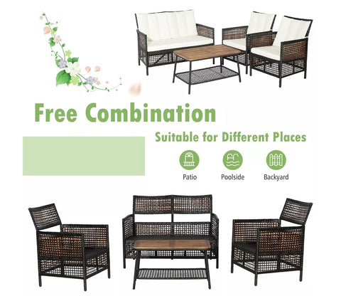Dark Brown Rattan And Wicker 4 Seater Sofa Set With Rectangle Table And Off White Cushions