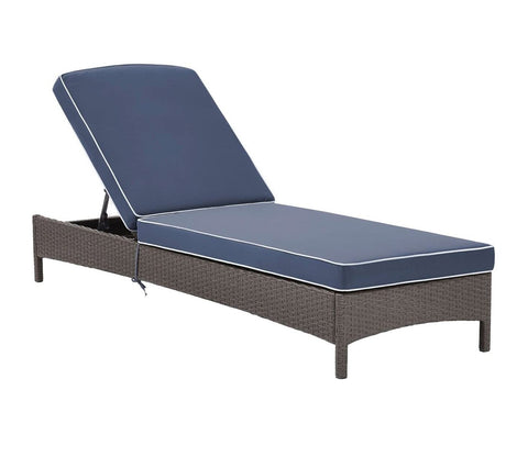 Dark Brown Adjustable Outdoor Patio Lounger With Navy Blue Cushions