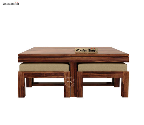 Reid Sheesham Wood Coffee Table with Four Cushioned Stools (Honey Finish)
