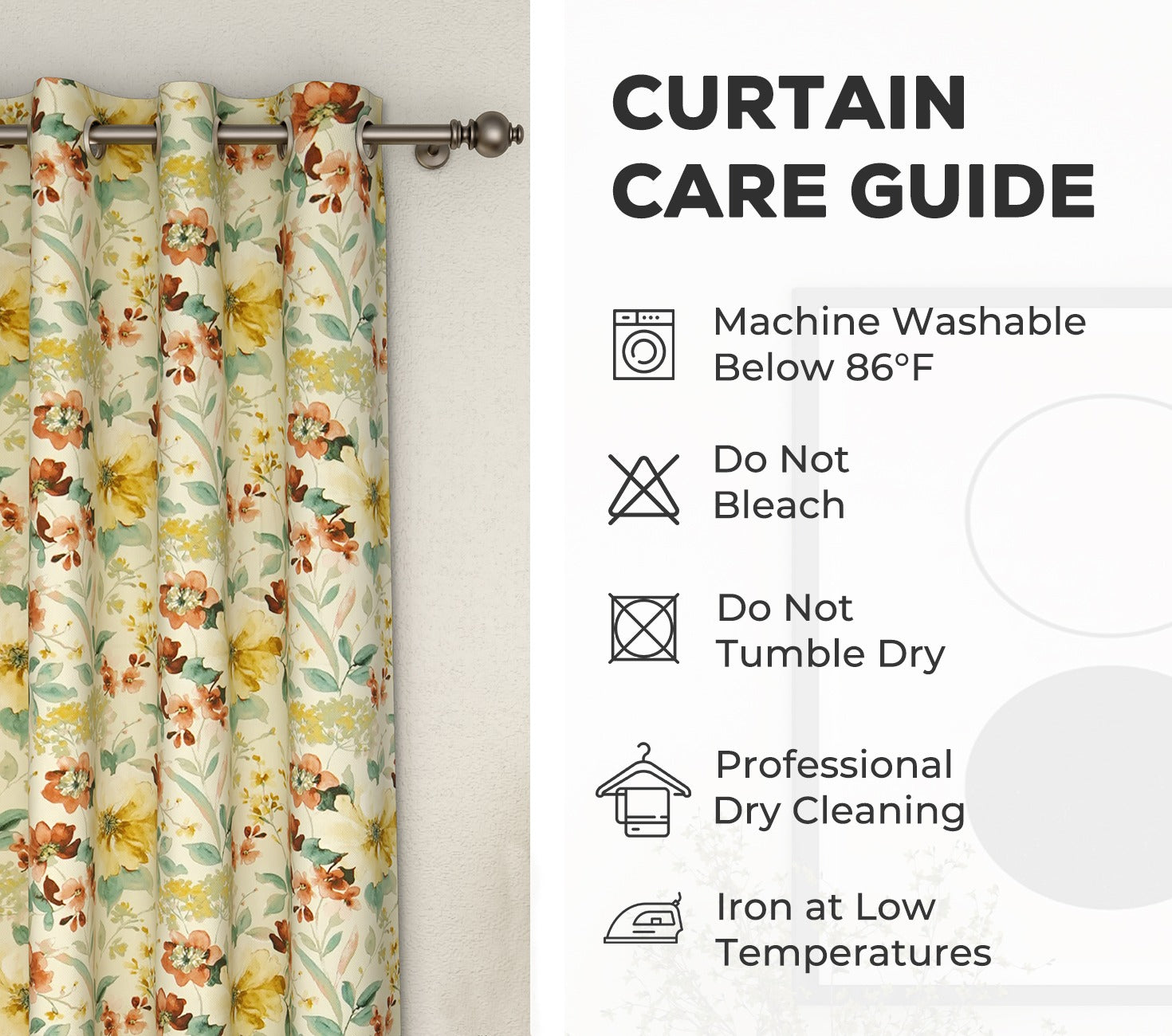 Rose Floral Print Light-Filtering Door Curtains Set of 2 (Yellow, 7 Feet)