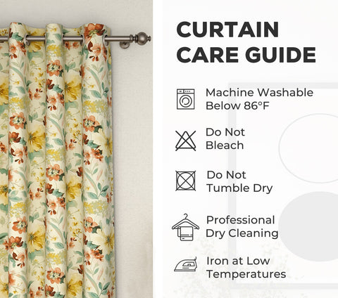 Rose Floral Print Light-Filtering Door Curtains Set of 2 (Yellow, 7 Feet)