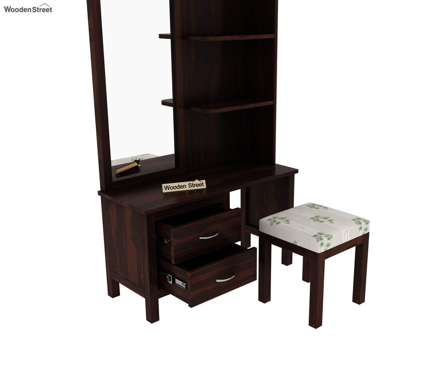 Edrina Sheesham Wood Dressing Table with Storage Drawers and Stool (Walnut Finish)