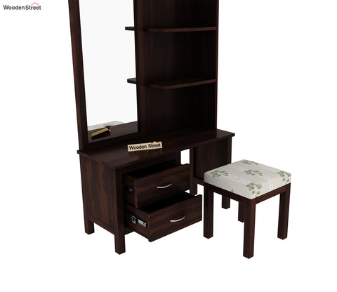 Edrina Sheesham Wood Dressing Table with Storage Drawers and Stool (Walnut Finish)