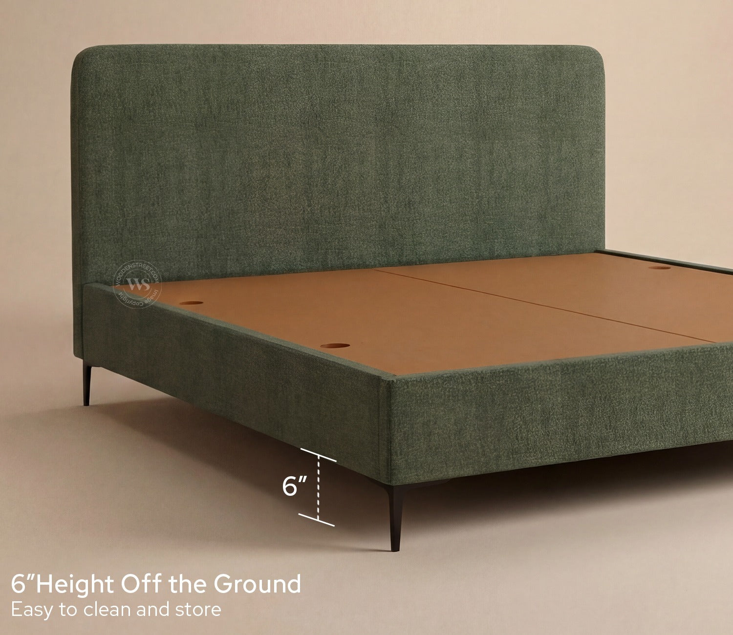 Andreas Premium Fabric Bed with Curved Headboard & Without Storage (King Size, Sage Green)
