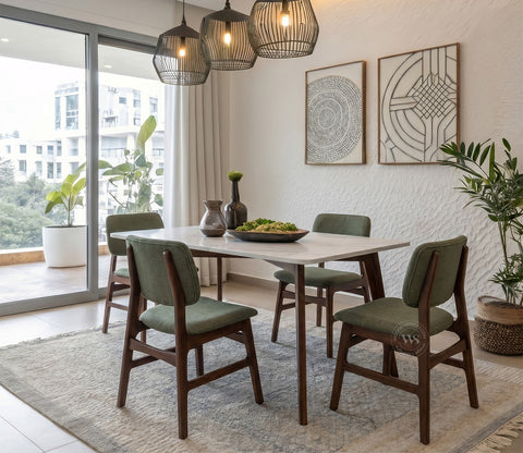 Vivara 4 Seater Dinining Set with Valence Quartz-Top Table and Vinara Upholstered Chair (Sage Green)