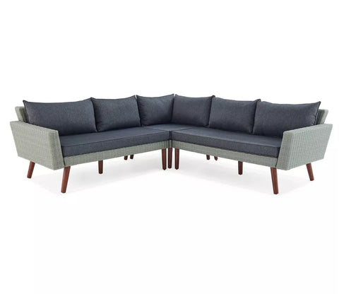 Silver Grey Rattan And Wicker 5 Seater Patio Set With Table And Grey Cushions