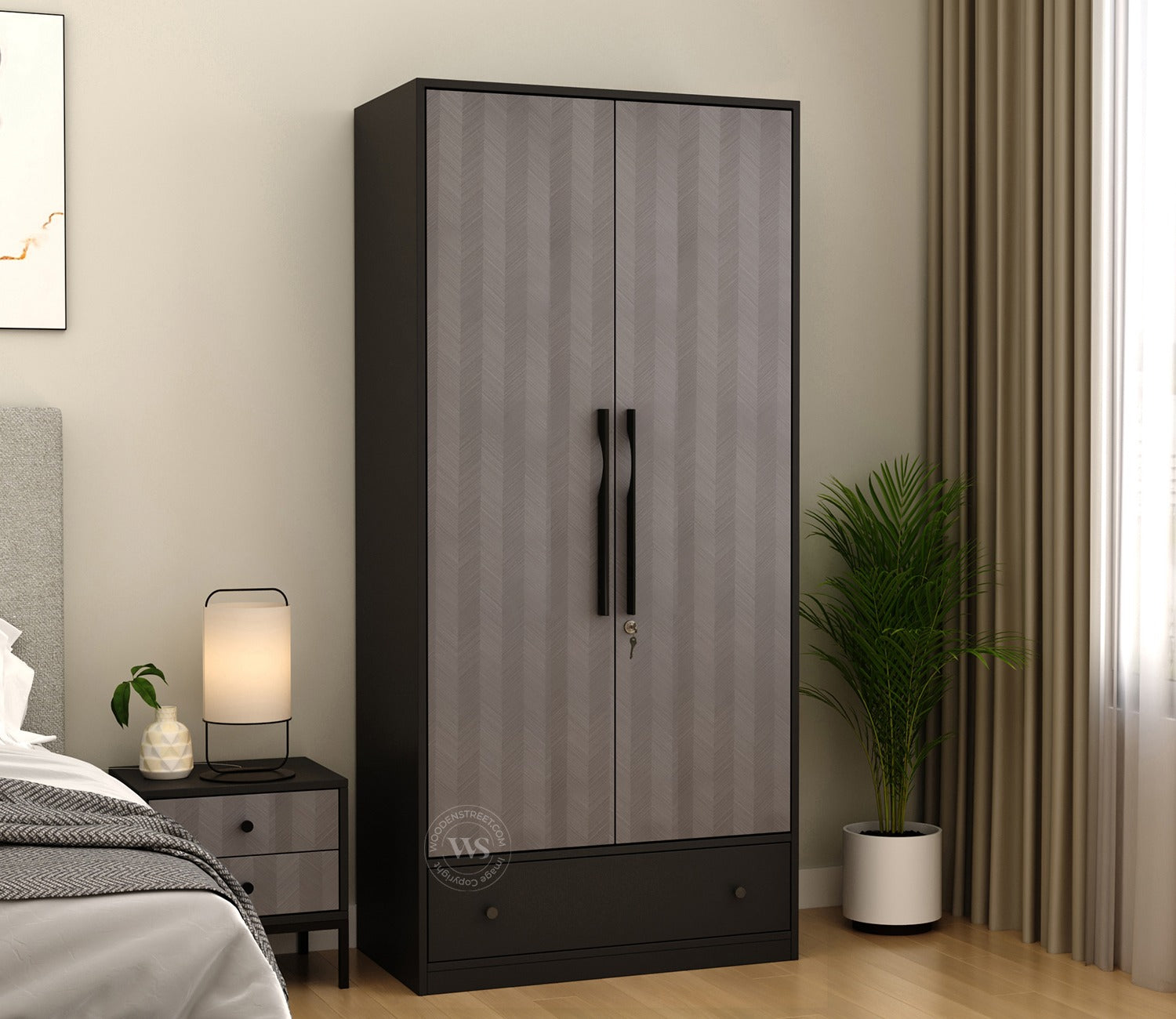 Avren Engineered Wood Wardrobe with Textured Front & Drawer Storage (Chevron Pattern)
