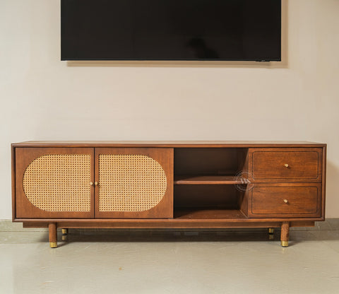 Gyana Premium Solid Wood TV Unit with Cane Panel Cabinet (Mango Wood, Teak Finish)
