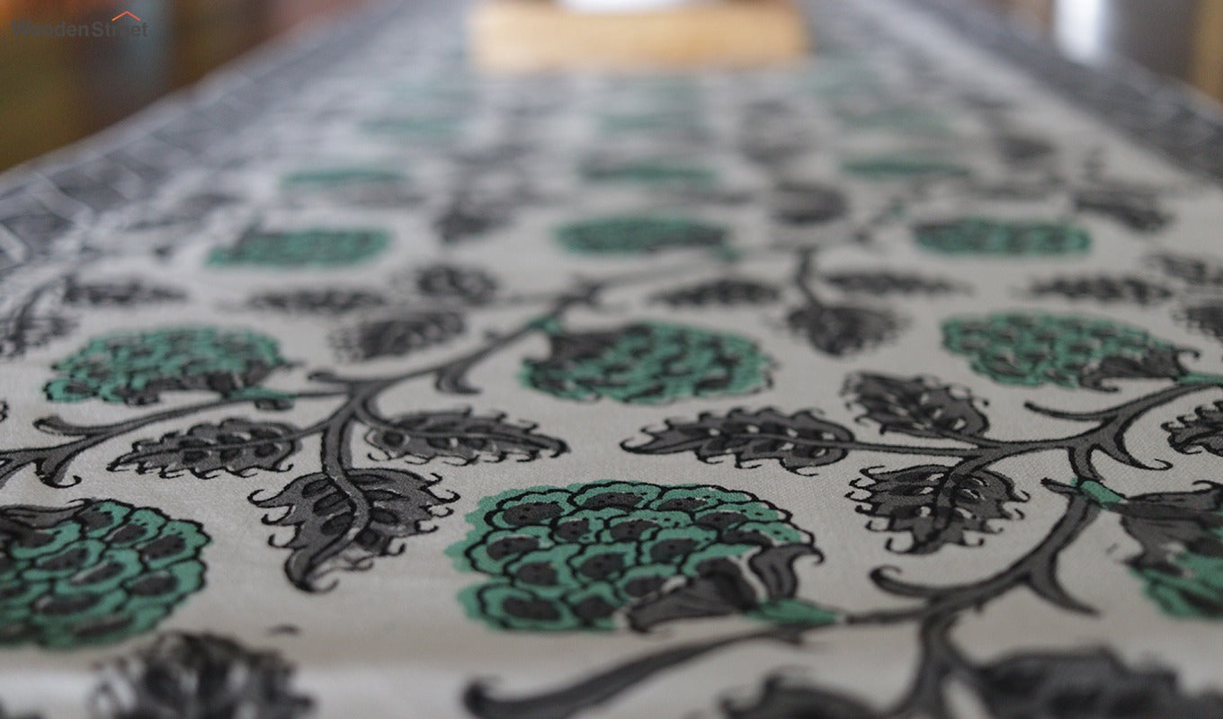 Vivid Garden Green and Black Hand Block Print Table Runner - 16 x 50