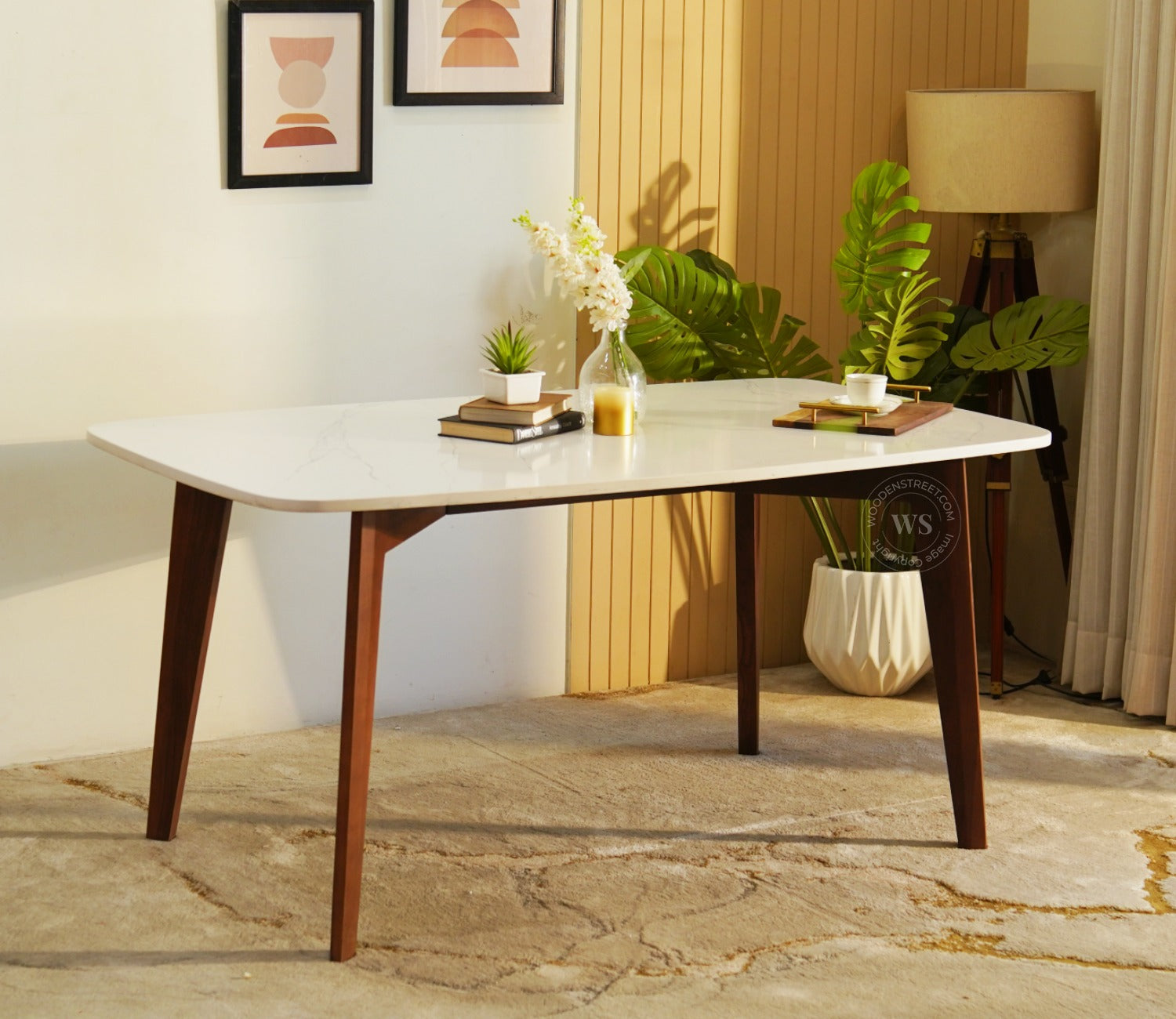 Valence 6 Seater Sheesham Wood Dining Set with Valence Quartz Top Table and Fressia Upholstered Chair (Teak Finish)